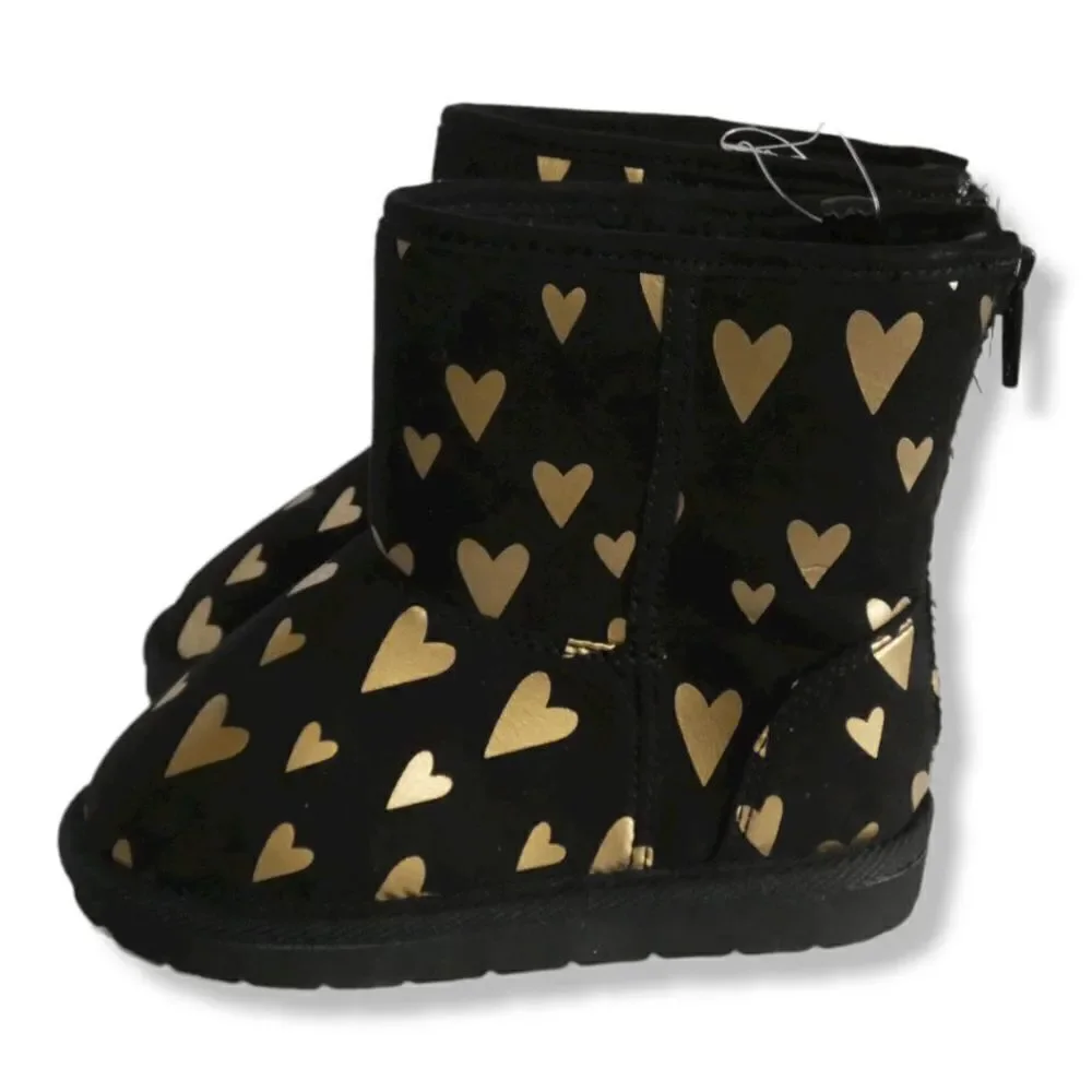 GAP Toddler Size 10 Black Metallic Gold Heart Sherpa Boots Back Zip Cozy Fall